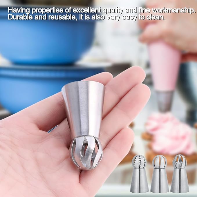 Russian Ball Piping Tips Set with Bags,3 Pcs Russian Piping Tips Flower for Cake Decorating & 20 Disposable Pastry Bags 12inch for Frosting