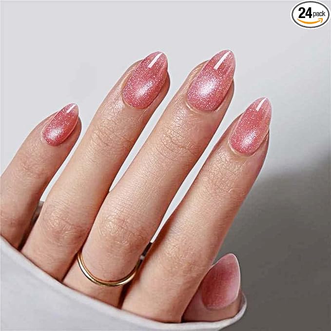 24Pcs French Press on Nails Short Almond ZWENJIE Cat Eye Fake Nails Press ons Nail Tips Stick on Nails Acrylic Nails Kit False Nails with Brown Red Design Nail Art for Women Glitter Manicur