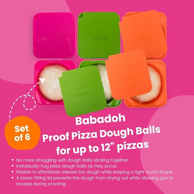 Babadoh Pizza Making Accessories | Pizza Dough Proofing Containers with Lids | Set of 6 | Multi Bright (2 Berry, 2 Orange, 2 Lime) | Original Size (make 12" Pizzas)