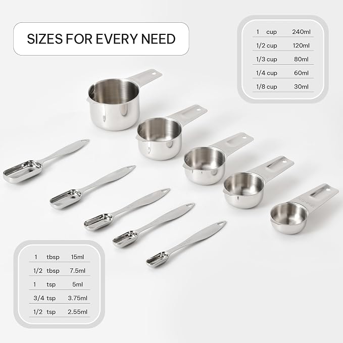 FANGSUN Stainless Steel Measuring Cups and Spoons Set of 10, Stainless Steel Measuring Spoons with Long Handles & Engraved Measurements, Fits in Spice Jars, for Baking & Cooking