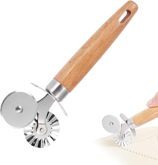 SHANGSKY Pastry Cutter Wheel, Ravioli Cutter Wheel with Long Wooden Handle, Pasta Cutter Dumpling Lace Making Noodle Ruffled Edge Cookies Pie Cutter Kitchen Dough Cutting Tool (Dual Wheel)