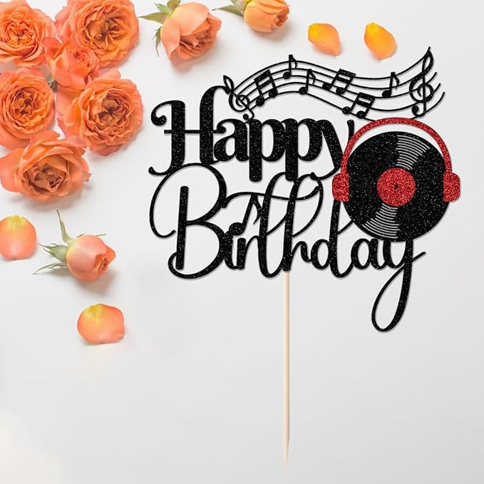Black Glitter Record Happy Birthday Cake Topper，Music Lover Theme Birthday Party Supplies，Vinyl Retro Rock/CD Hip Hop Dancing Ball Party Decoration Supplies (music)