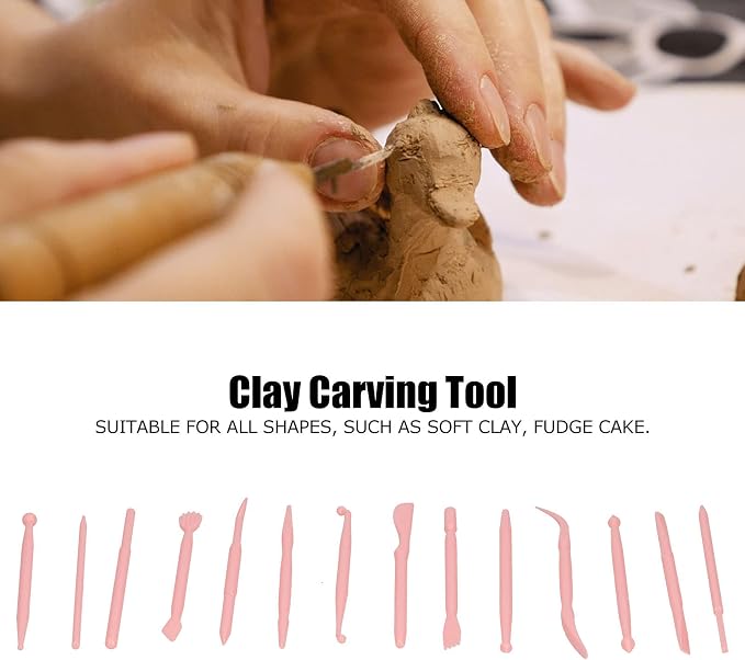 Fdit Clay Modeling Tools, 14 Pcs Double Ended PP Plastic Sculpting Kit for Cake Fondant Chocolate DIY Children Craft Educational Toys for School Home (Pink)