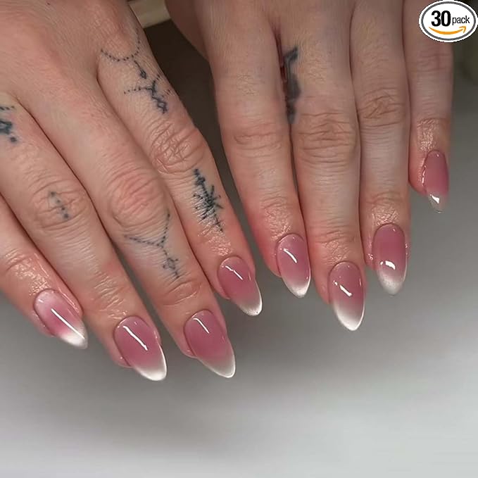 30Pcs Press on Nails Short Almond ZWENJIE Cat Eye Fake Nails Press ons Nail Tips Stick on Nails Pink Blush Tip Acrylic Nails Kit French False Nails with Blue Tip Design Nail Art for Women Manicure