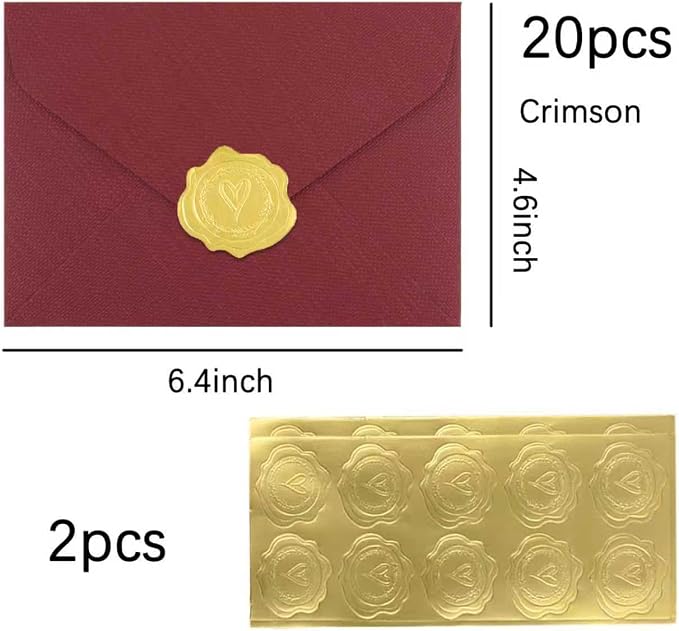 20 Pack 4x6 Crimson Linen Envelopes with Gold Wax Seals - Handmade Look A6 Vintage Envelopes & Self-Adhesive Seal Stickers for Greeting Cards, love letter, Wedding, Party Invitation