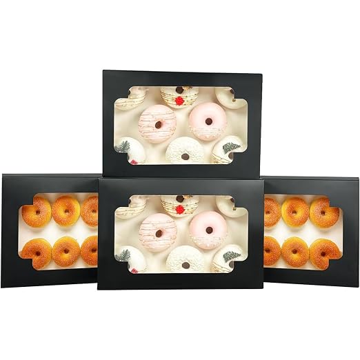 qiqee Auto-pop up Black Cookie Box with Window 12x8x2.5 inch 32 Packs Two Uses One Second Folding Pastry Biscuit Bakery Box for Packaging