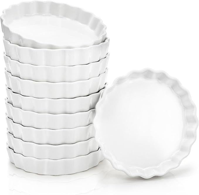 Foraineam 10 Pack 8 oz Creme Brulee Ramekins, 6 Inch Round Fluted Quiche Dishes, Porcelain Pie Pan Shallow Baking Dish Oven Safe for Baking Souffle, Apple Pie, Quiche, Tart