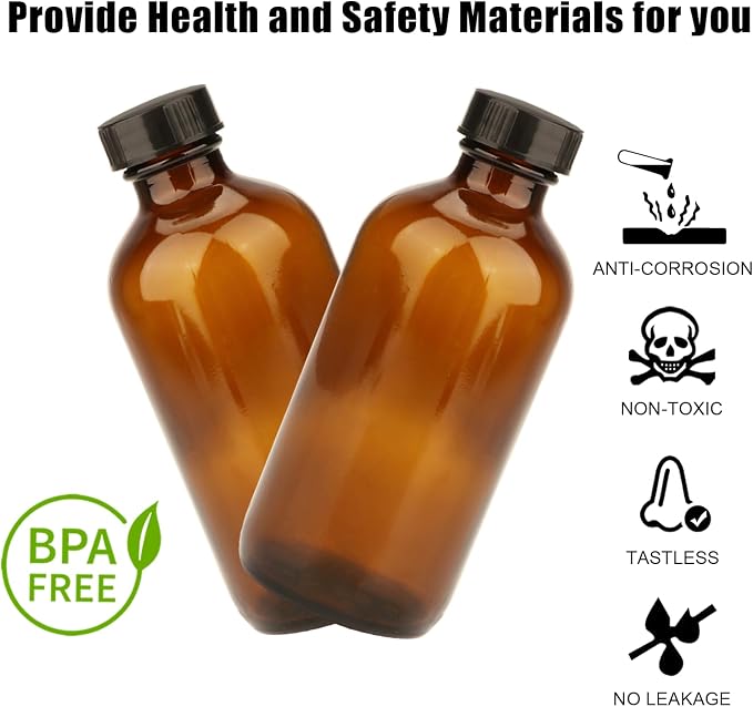 YINGERHUAN 8oz Glass Vanilla Extract Bottles,10 Pack Round Amber Glass Boston Bottles with Caps ， Stickers and Funnel ，Applicable to Essential Oils, Wedding, Christmas