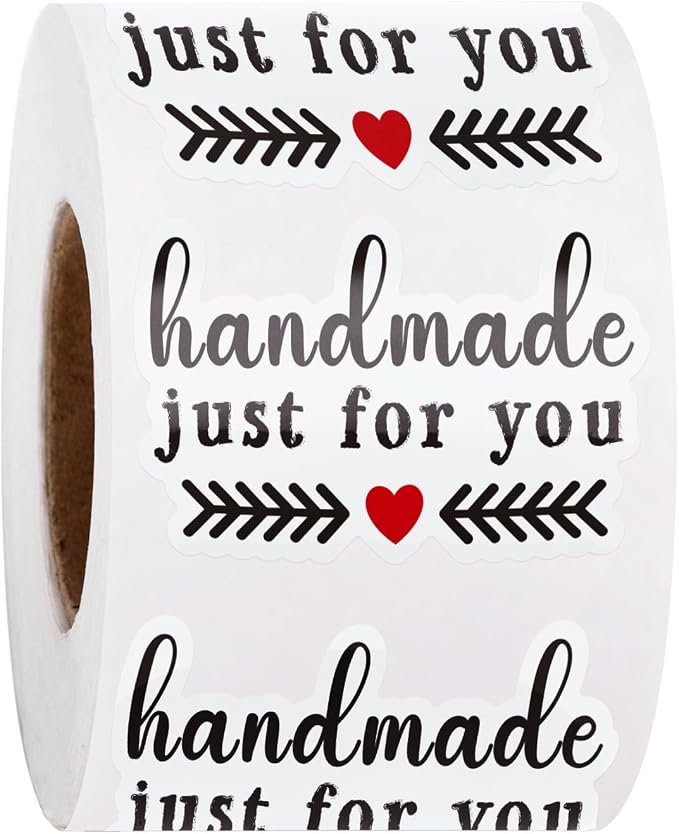 WRAPAHOLIC 1.8 x 1.1 Inch, 500 Total Business Stickers Roll - Handmade with Love Design, Thank You Lables, Shipping Stickers for Party Decorations