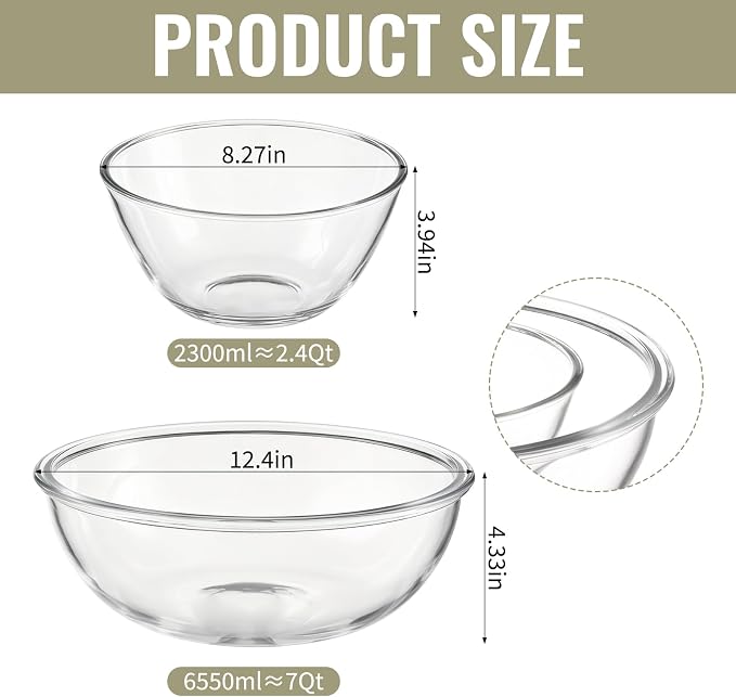 Glass Mixing Bowls with Lids, 2-Piece Large 7QT & 2.4QT Clear Glass Dough Proofing Container, Baking Mixing Bowl for Sourdough, Salad, and Kitchen Prep – Dishwasher Safe