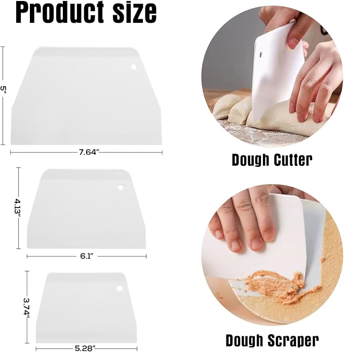Cake Scrapers and Smoother DIY Tools, Plastic Dough Cutter Flexible Bench Scraper Multipurpose Food Scrappers for Bread Dough Cake Fondant Icing White, 3 Pcs