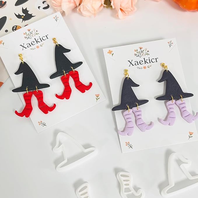 Xaekicr Halloween Witch Hat and Boots Polymer Clay Cutters – 2pcs Clay Earring Cutters for Halloween Jewelry Making – Clay Tools for Polymer Clay Molds