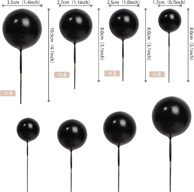 24 PCS Ball Cake Toppers Balls Cupcake Toppers Foam Ball Shaped Cake Picks DIY Balloons Cake Insert Topper for Wedding Enagement Baby Shower Birthday Party Cake Decorations Supplies Black