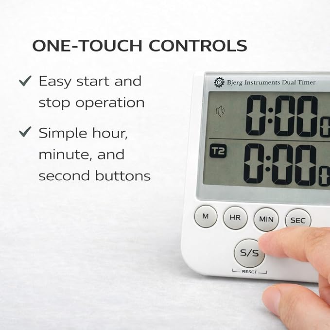 Bjerg Instruments Dual Digital Kitchen Timer – Count Up & Countdown Timer with Large LCD Display, Magnetic Back, Loud Alarm, Stand-Up Design (White)