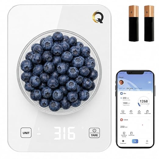Food Scale with Nutritional Calculator, Waterproof LED Display Digital Kitchen Scale for Weight Loss Cooking Baking Keto Macro Diet, Calorie Counting, White Glass, 22lb/10kg