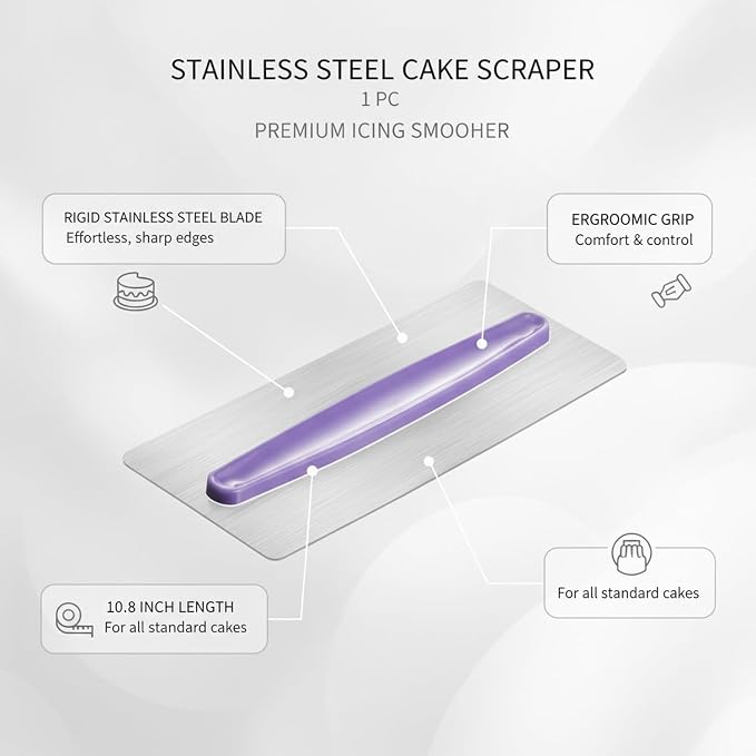 Wedding and Birthday Cake Decorating, Metal Icing Smoother Scraper, 10.8 Inch Rigid Blade for Smooth Frosting (1 Piece)
