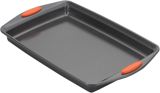 Rachael Ray Yum-o! Nonstick Bakeware 3-Piece Oven Lovin’ Cookie Pan Set, Gray with Orange Silicone Grips