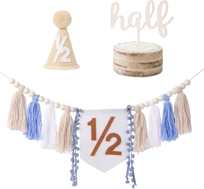 CWK Half Birthday Decorations for Baby, 1/2 Birthday High Chair Banner with Cone Hat & Cake Topper, Half Way to One Party Kit, Photo Props for 6 Month Baby Birthday(Blue)