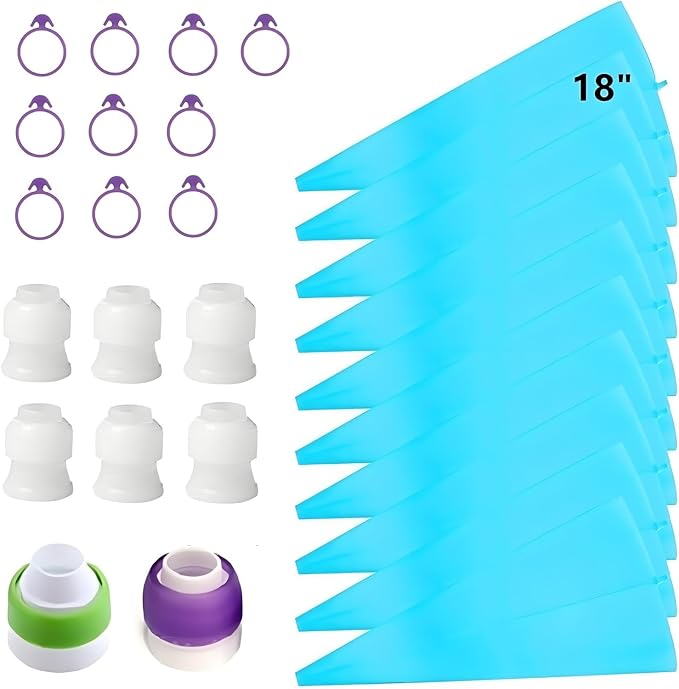 ANSLYQA Pastry Piping Bags Set, 28 Pcs Baking Tools | 10 Pcs Large 18 Inch Reusable Silicone Icing Bags, 8 Couplers and 10 Frosting Bag Ties for Cake Cupcake Decorating