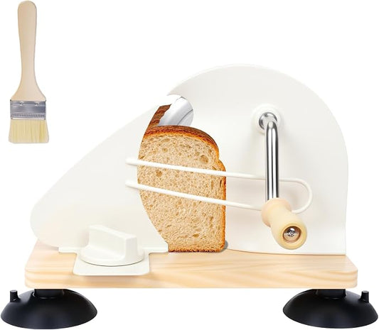 Manual Bread Slicer for Homemade Sourdough Bread, Adjustable Thickness & Evenly Slicing, Hand Crank Bread Slicer with Scale Line and Suction Cup, Serrated Blade Design, Patent White