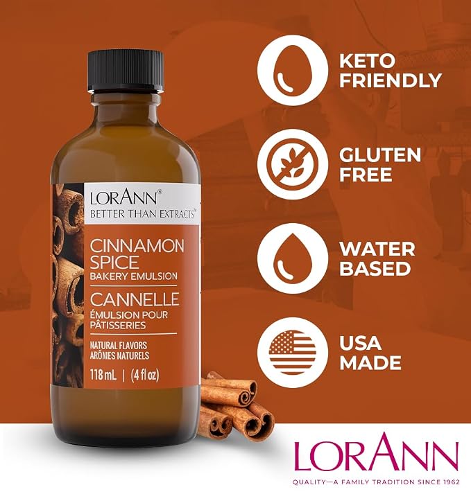 Lorann Oils Cinnamon Spice Bakery Emulsion: True Cinnamon Essence, Perfect for Enhancing Spiced Undertones in Baked Goods, Gluten-Free, Keto-Friendly, Cinnamon Extract Alternative for Your Kitchen