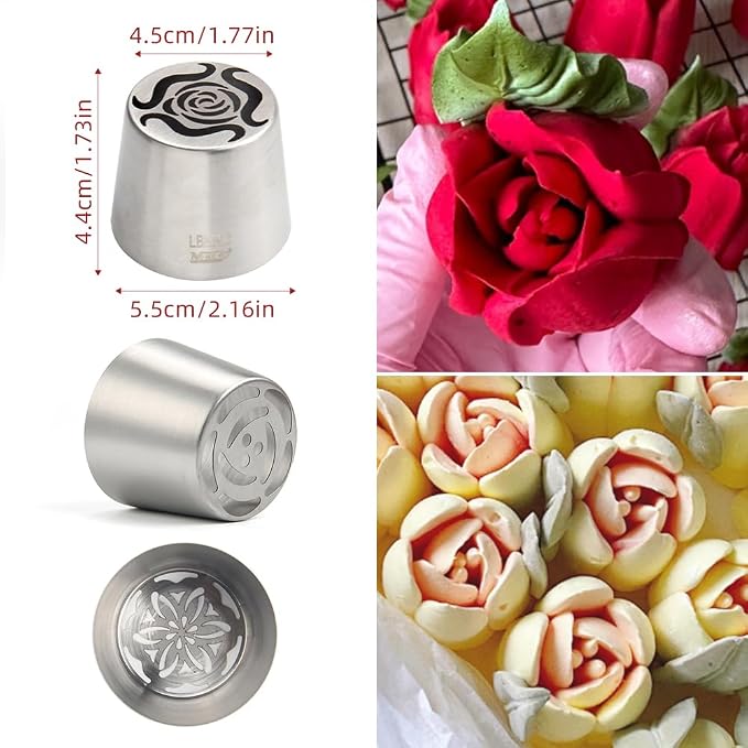 6 Pieces Extra Large Stainless Steel Russian Tulip Marshmallow Icing Tips Kit, Cupcake Dessert Piping Nozzles Set,1 Small Russian Icing Tip,1 Cleaning Brush for Cake Decorations,Pastry Baking Tools