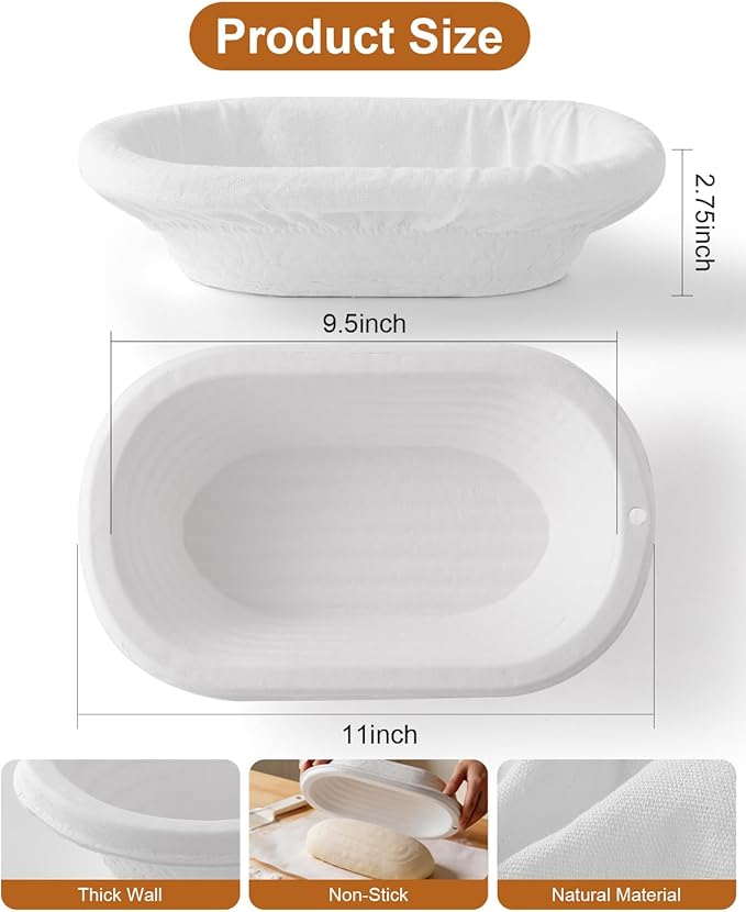 2 Pcs Banneton Bread Proofing Baskets, Sourdough Basket, Oval, 11 Inch | Banneton Basket Set, Proofing Basket for Sourdough & Artisan Bread Baking, Non-Stick, Made with Eco-friendly Sugarcane Pulp