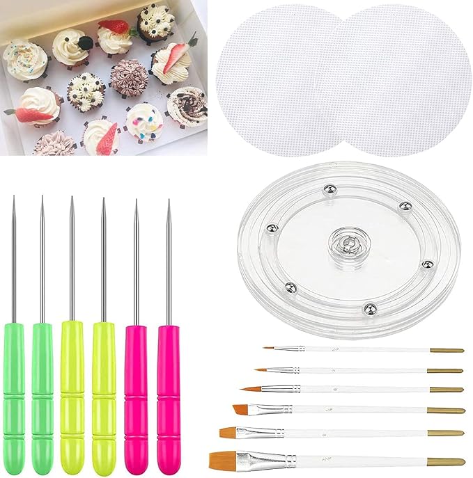 Cookie Decorating Kit Cookie Decorating Supplies with 1 Acrylic Turntable, 6 Cookies Fondant Brushes 6 Scribe Needle Royal Icing Tools