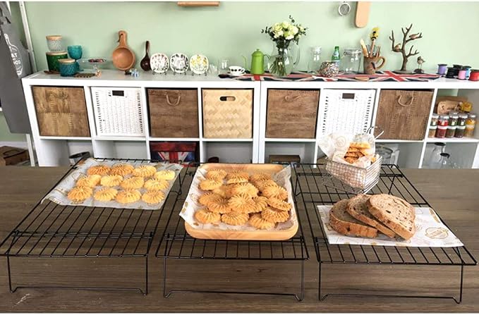 Kingrol 6-Piece Stackable Cooling Racks for Baking, Two 3-Tier Sets | Nonstick-coated steel, foldable legs, stacked or separate use, ideal for cookies, cupcakes, pastries, pies, and cake layers