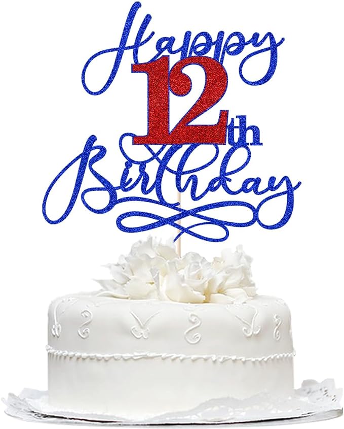 Happy 12th Birthday Cake Topper,Deep blue font red Numbers 12th Birthday Cake Decoration,Hello 12, Cheers to 12 Years/12th Anniversary,12& Fabulous Party Decoration