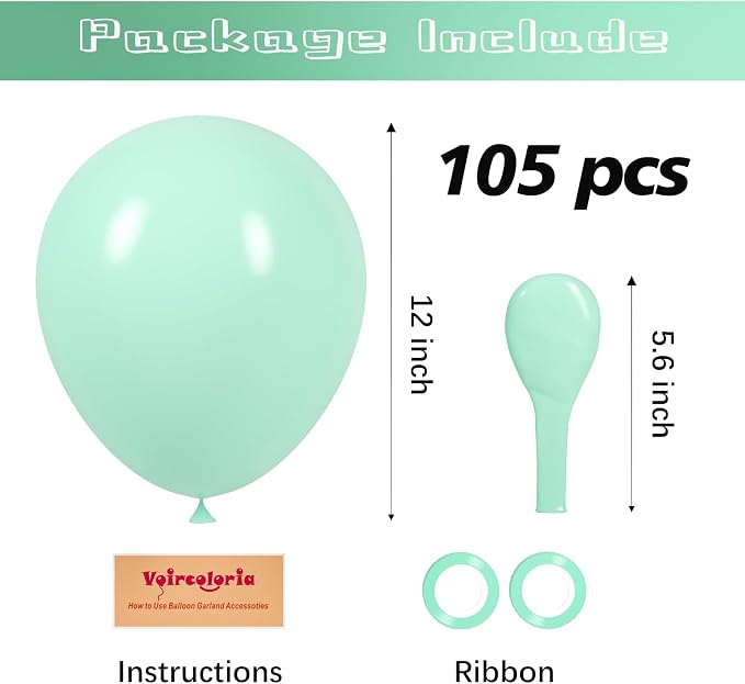 Voircoloria 105pcs Mint Green Balloons 12inch Party Latex Balloons for Boys Girls Birthday Baby Shower Gender Reveal Wedding Sunflower Party Decorations