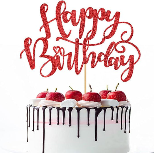 Handmade Glitter Happy Birthday Cake Topper,Birthday Party Cake Decorations, Anniversary/Birthday Party Decoration Supplies (Red)