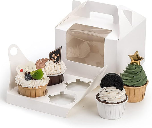 Jucoan 40 Pack Cupcake Containers, 4 Count White Kraft Paper Cupcake Boxes with Insert Window and Handle, Cupcake Holder Bakery Pastry Boxes, Gable Party Favor Treat Boxes for Wedding Mother's Day
