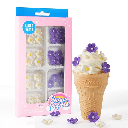 Edible Flowers Cake Decorations 32 Count White & Purple Blossoms Royal Icing Decorations Daisy Sugar Wedding Flowers for Baking Cupcakes Ice Cream Waffles Cookies Birthday Cake