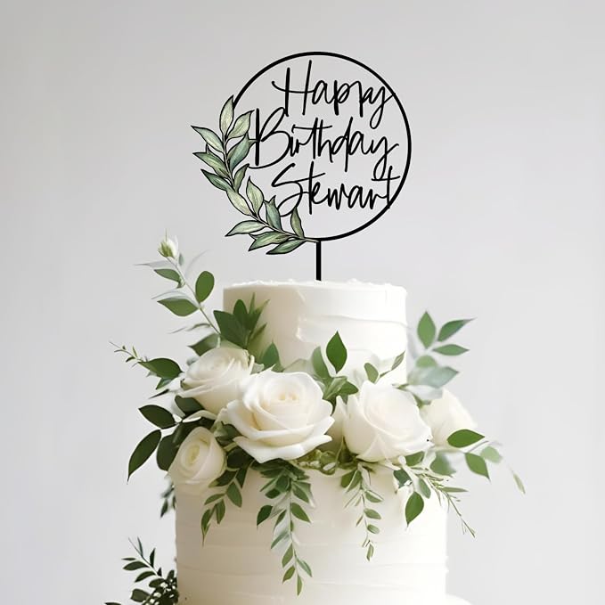 Happy Birthday Cake Topper Custom Name Personalized Birthday Cake Decoration with Green Leaves (Style 01)