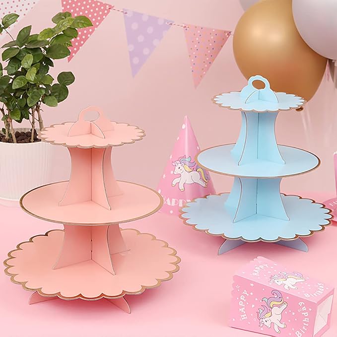 2 PACK Cardboard Cake Stand, 3 Tier Paper Dessert Round Cupcake Holder Tower Disposable Pastry Stand for Birthday, Afternoon Tea,Wedding Party Anniversary Christening Fruit Desserts Display…