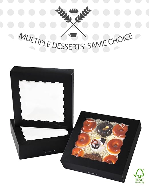 qiqee Black Bakery Box with Window 24-Packs 10x10x2.5 inch Donut Pie Boxes Pastry Box(24pcs Black Bakery Boxes+5 Sets Dividers+20 Silver Stickers+30pcs Cookie Packaging Includes)
