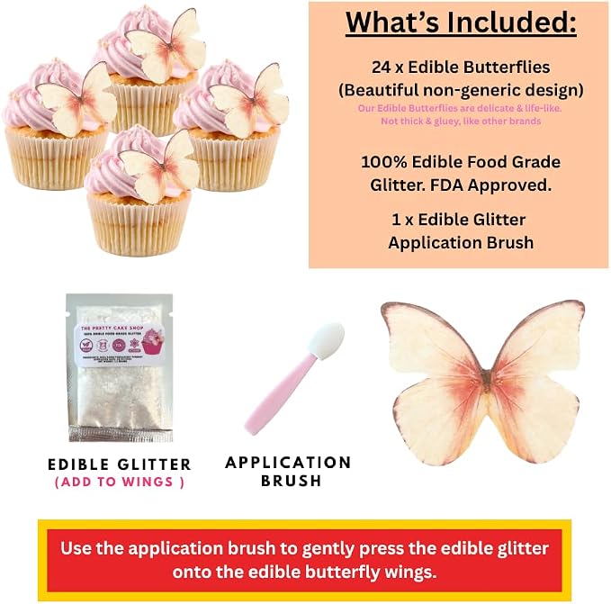 Edible Butterflies with Edible Glitter Kit - Wafer Paper Butterflies for Cakes - Cake Decorations - Cupcake Decorations - Cake Toppers (Sweet Peach)