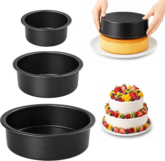 3-Piece Round Cake Pans Set (4", 6", 8"), Heavy-Duty Carbon Steel Baking Pan Set for Layer Cakes and Deep Dish Pizzas, Non-Stick Professional Tiered Cake Molds, Straight Side & Dishwasher Safe, Grey