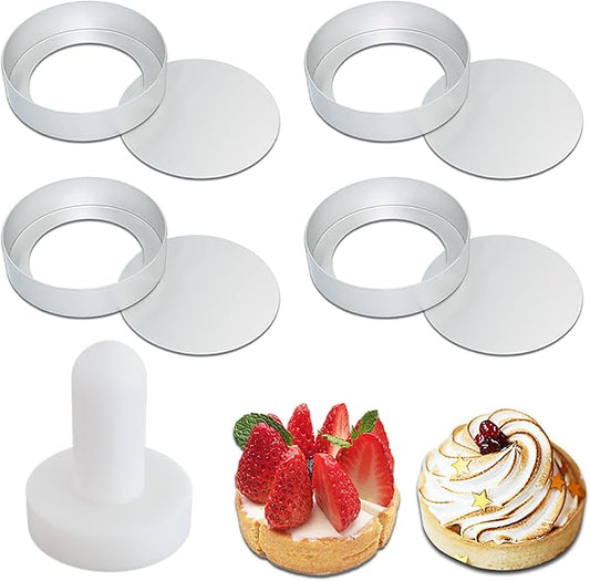 Mini Tart Pans with Removable Bottom Set of 4, Mini Tart Mold With Tart Tamper Non-Stick Egg Tart Mold Tartlet Pans for Baking Mini Tart Shells French Fruit Tart Cheesecake Muffin, 3.15inch