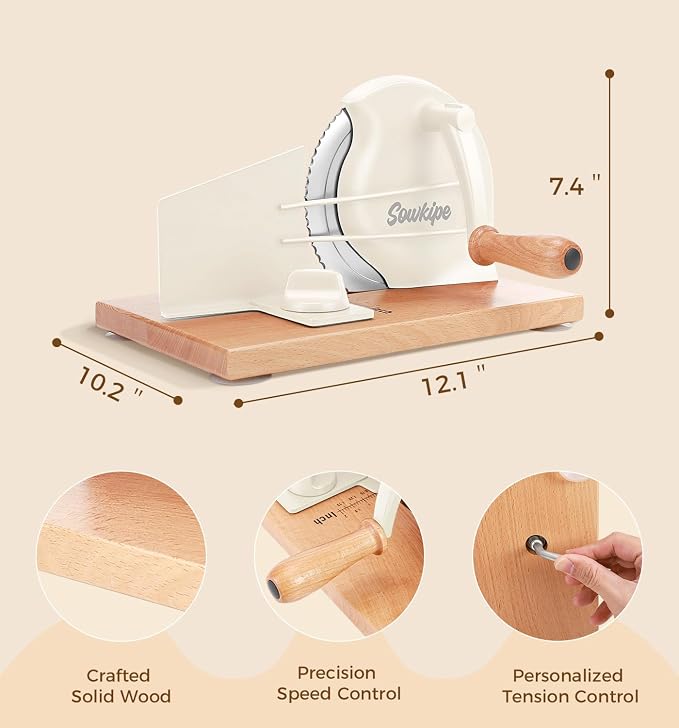 SOWKIPE Upgraded Manual Bread Slicer for Homemade Sourdough Bread, Adjustable Thickness Hand Crank Bread Cutter with Metal Guide, Scale Line, Even Slices, Suction Cups, Cover (Cream)