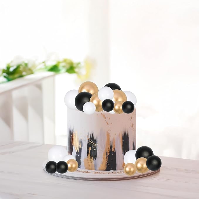 Gyufise 30Pcs Black White Gold Ball Cake Toppers Mini Balloon Cupcake Toppers DIY Foam Ball Cake Insert Decoration for Wedding Anniversary Birthday Party Supplies