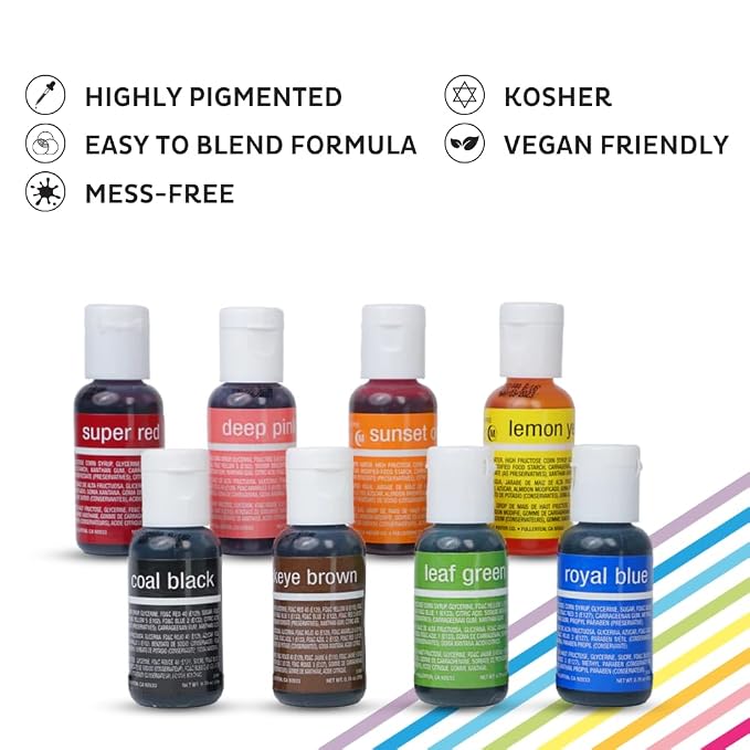 Chefmaster - Liqua-Gel Food Coloring - Fade Resistant Food Coloring - 8 Pack - Vibrant, Eye-Catching Colors, Easy-To-Blend Formula, Fade-Resistant - Made in the USA