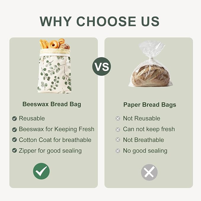 Beeswax Bread Bags 2 Pack Reusable Sourdough for Homemade, Large Washable Cotton Linen Food Storage with Removable Wax Liner, Plastic Free 17x13 Inch (Green Leaf)