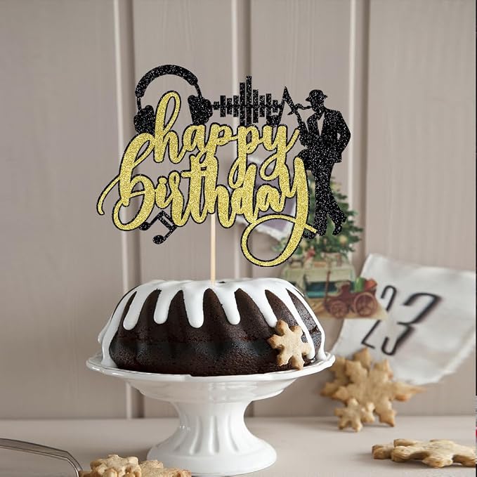 Saxophone Happy Birthday Cake Topper-Black Gold Glitter Saxophone Music headphones Cake Decorations,Music Lover Theme Birthday Party Supplies