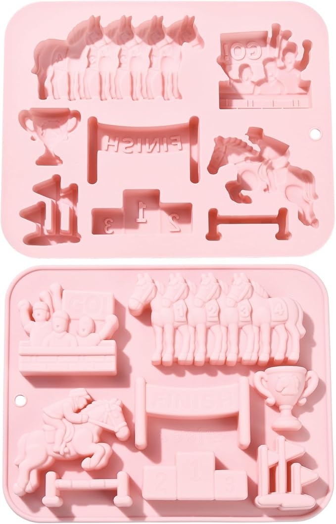 Ipotkitt Pink Racing Theme Silicone Molds Sport Horse Rectangle Candy Molds for Candy Chocolate Jelly Cake Ice Crafts, 2pcs, 18.6x14.7x1.9cm, 8 Cavities