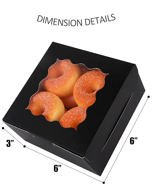 qiqee Black Cookie Boxes with Window 100packs 6x6x3 Black Bakery Box Pastry Box for Wedding Favor Birthday ＆ Party