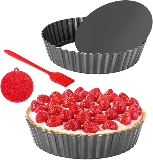 2 Pack 9.5 Inch Tart Pan Pie Pan, Heavy Duty Deep Quiche Pan with Removable Bottom, Nonstick Carbon Steel Deep-dish Round Pie Plate Tin with Oil & Dish Brush