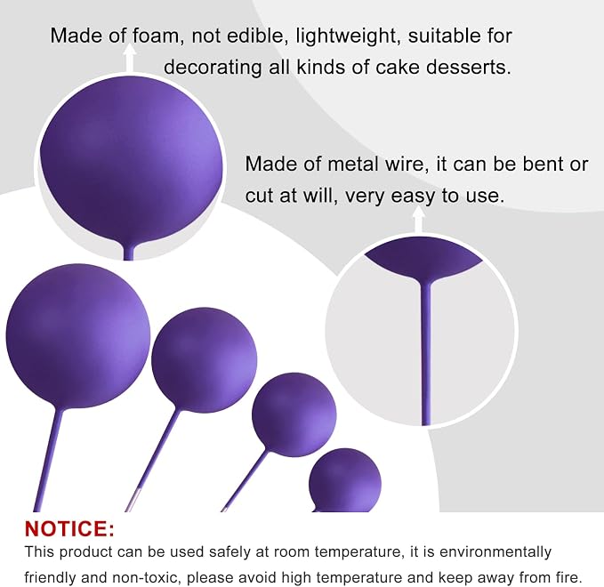 ASTARON 20 Pcs Ball Cake Topper Decorations Mini Balloons Cake Topper Sticks Dark Purple Balls Cake Picks Cake Topper Balls Cake Decorations for Halloween Birthday Cake Decorations