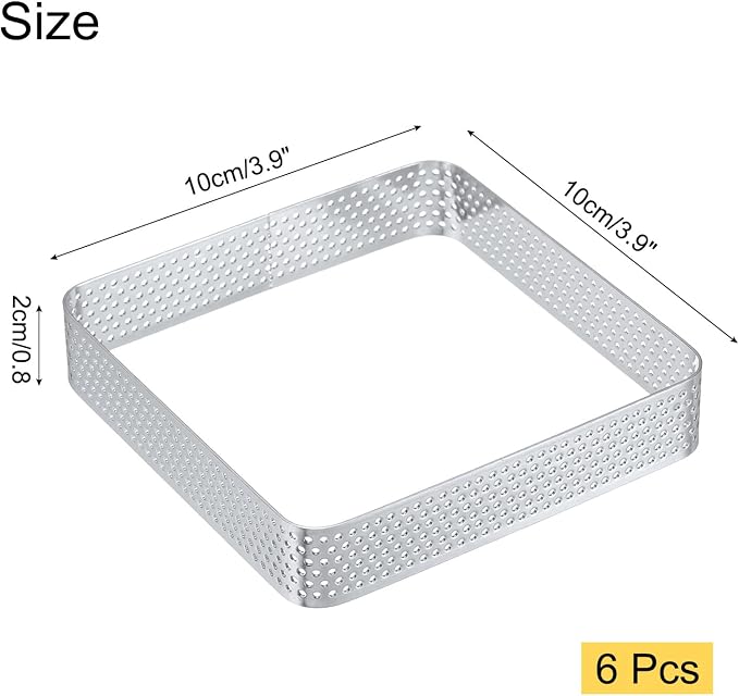 uxcell 6pcs Square Perforated Cake Rings 3.9 x 3.9 Inch Stainless Steel Cake Pastry Mousse Ring Molds for DIY Cake Dessert Mousse Pastries Baking, Silver Tone